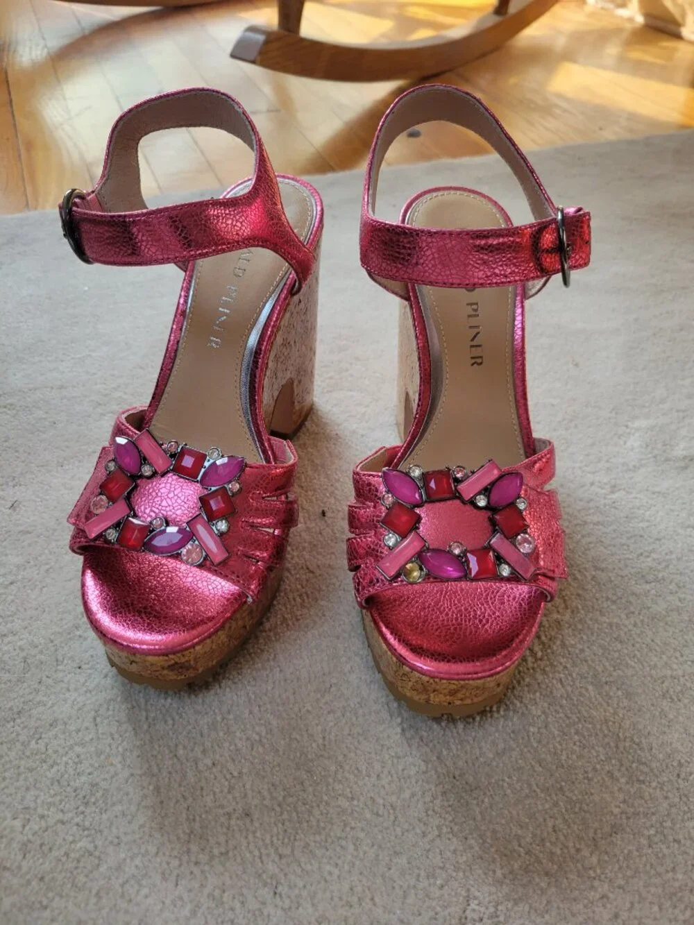 Donald Pliner Galatea Hot Pink Metallic Jeweled Glam Chic Cork Wedge Sandals 6.5